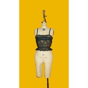 1970s-1980s CIRA Black LACE CAMISOLE with Satin Panels and Elastic Waist. S-M